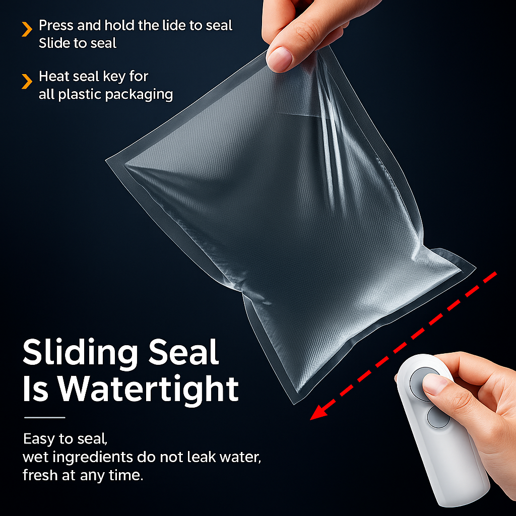 SnapSeal USB-C bag sealer in use sealing plastic bag with watertight heat seal for food freshness