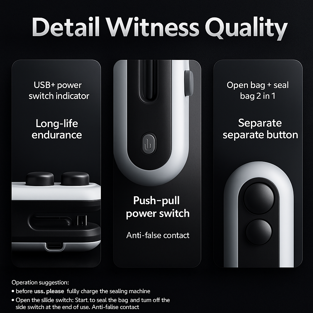SnapSeal mini bag sealer close-up showing dual button design, push-pull power switch, and USB charging indicator for long-lasting performance