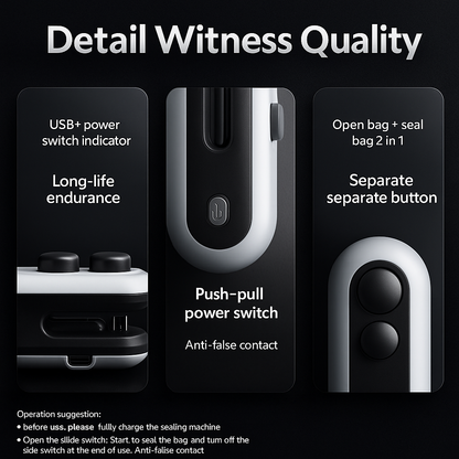 SnapSeal mini bag sealer close-up showing dual button design, push-pull power switch, and USB charging indicator for long-lasting performance