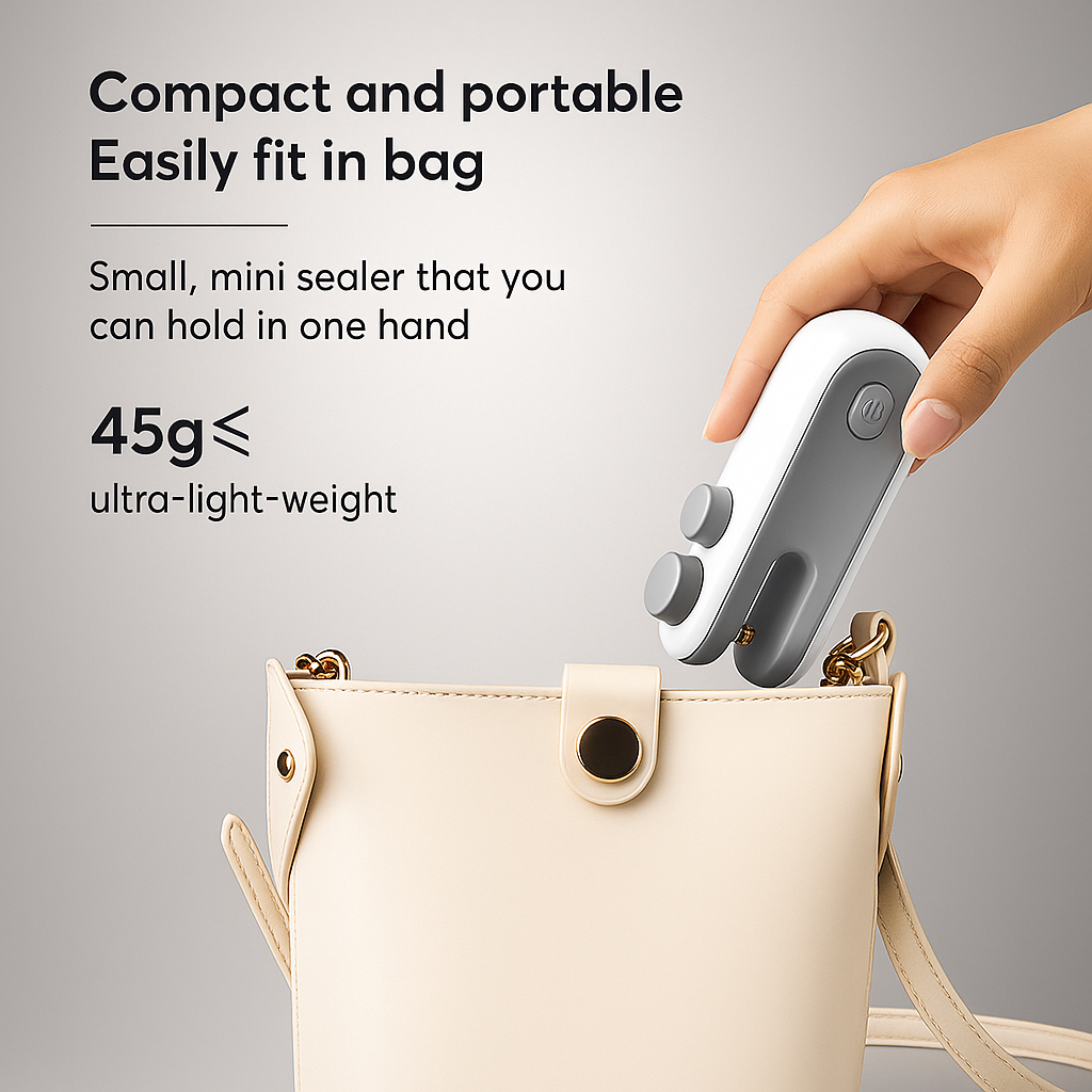 SnapSeal mini bag sealer being placed into a purse, showing ultra-lightweight 45g design and compact portability for travel or everyday use