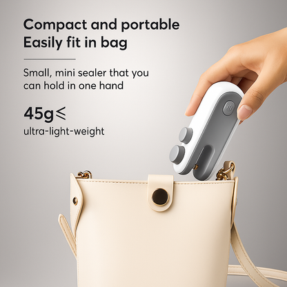 SnapSeal mini bag sealer being placed into a purse, showing ultra-lightweight 45g design and compact portability for travel or everyday use